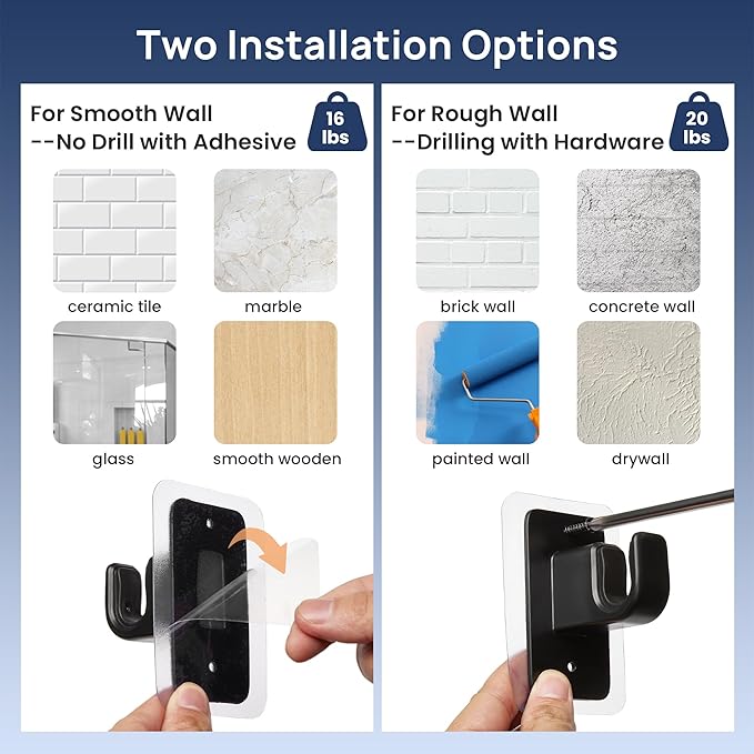 ENJOYBASICS No Drill Curtain Rods for Window 28 to 47 Inches, 5/8 Inch Diameter Renter Friendly Drapery Rod with Adhesive Brackets without Drilling, Adjustable from 27 to 52 Inches, Black