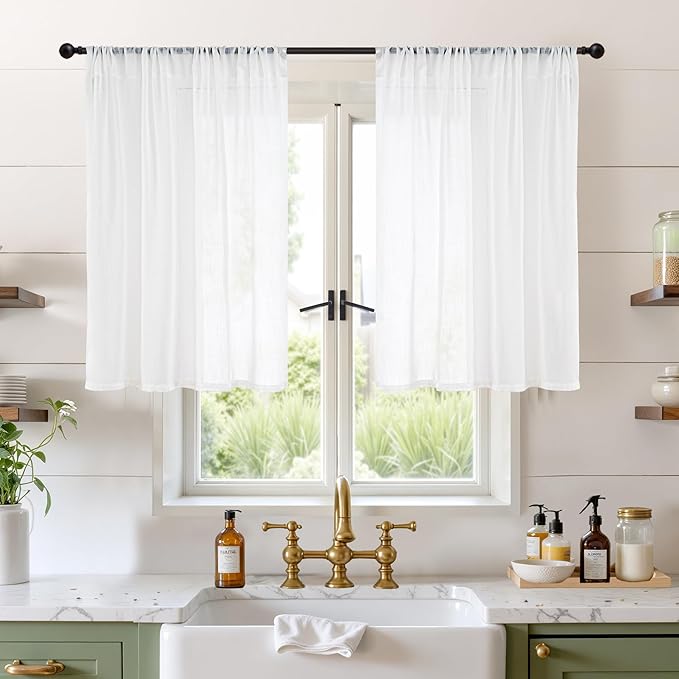 BGment White Linen Cafe Curtains 36 Inch Length for Kitchen Window Over Sink - Small Semi Sheer Drapes Light Filtering with Rod Pocket for Bathroom Lightweight, 2 Panels Set, 42 X 36 Inch