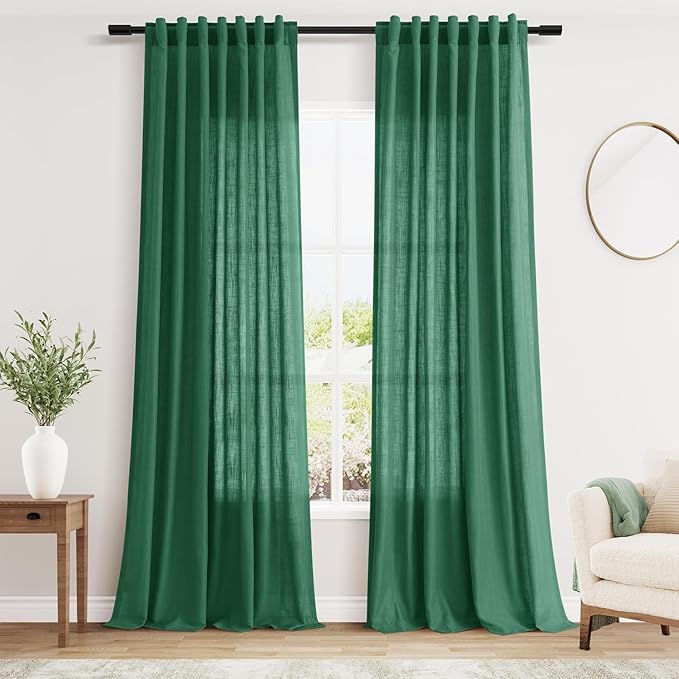 Nanspring Dark Green Linen Curtains 96 Inches Long 2 Panels Set for Living Room Rod Pocket Back Tab Semi Sheer Light Filtering Protect Privacy Emerald Green Curtain for Bedroom Floor Length 52x96