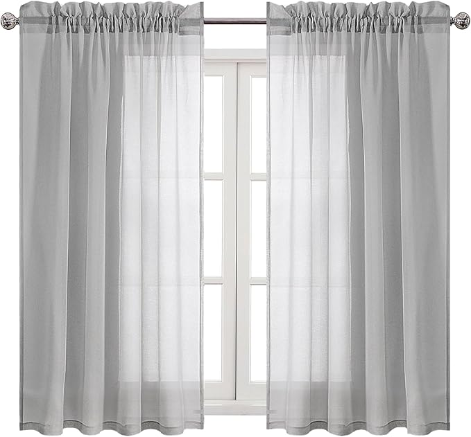 DWCN Grey Sheer Curtains Semi Transparent Voile Rod Pocket Curtains for Bedroom and Living Room, 52 x 45 inches Long, Set of 2 Panels