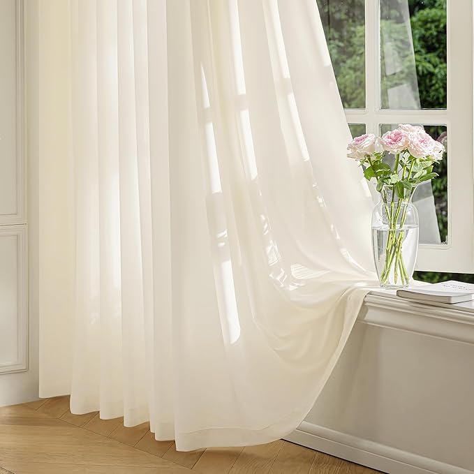 FMFUNCTEX Sheer Non-See-Through Butter Cream Curtains for Bedroom, Faux Silk That Let Light Curtains 96 inches Long Light Filtering Privacy Sheer Window Drapes for Living Room, Rod Pocket 2 Panels Set