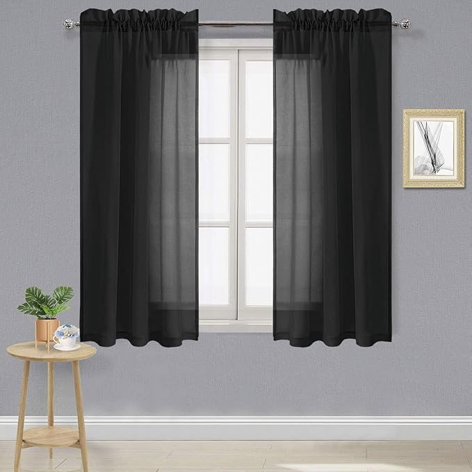 DWCN Black Sheer Curtains Semi Transparent Voile Rod Pocket Curtains for Bedroom and Living Room, 42 x 54 inches Long, Set of 2 Panels