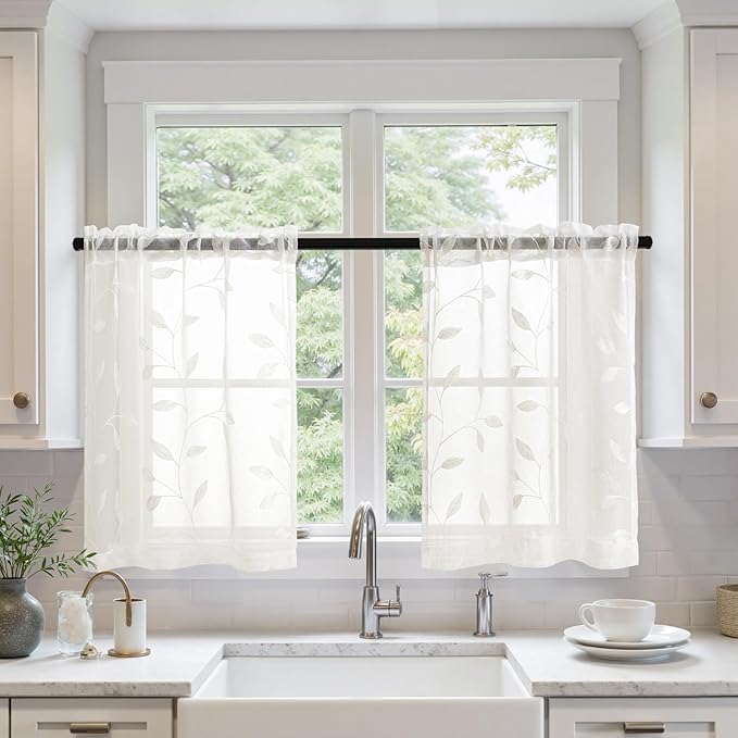 MIULEE Ivory Sheer Curtains 2 Panels Embroidered Leaf Patterned Rod Pocket Floral Semi Sheer Faux Linen Short Window Curtains Drapes Set for Kitchen Bathroom Cafe, 30x24 Inches Length