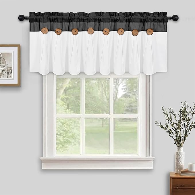 FRAMICS Farmhouse Valance Curtains, Boho Cotton Linen Kitchen Valance, Black Rustic Button Window Valance for Kitchen Bathroom Bedroom, Country Rod Pocket Valances for Windows, Black, 52 x 18 Inch