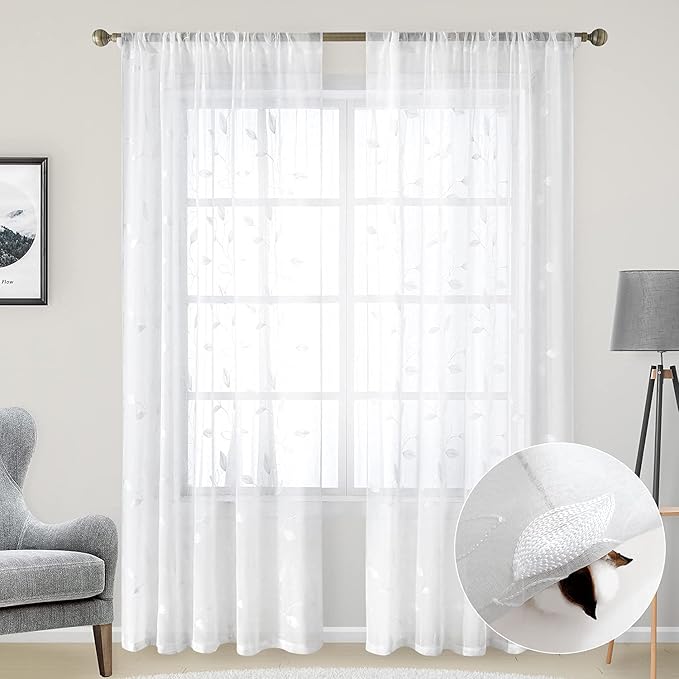HOMEIDEAS White Sheer Curtains 52 X 84 Inches Long 2 Panels Embroidered Leaf Pattern Pocket Faux Linen Floral Semi Sheer Voile Window Curtains/Drapes for Bedroom Living Room