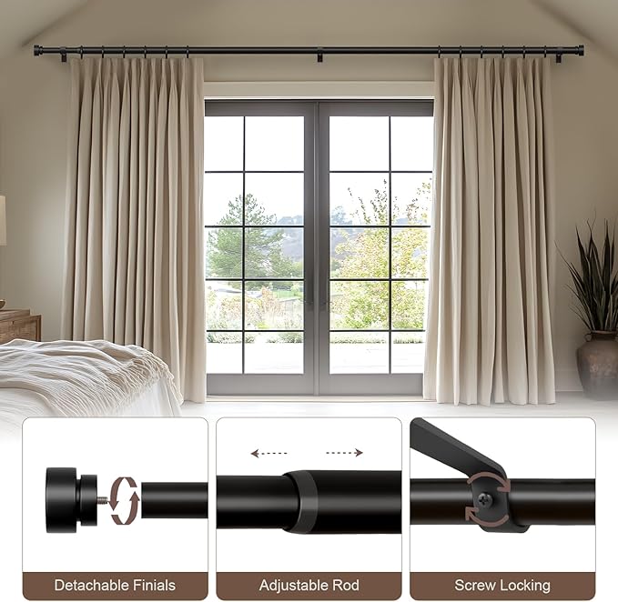 Lootkell 2 Pack Modern Black Curtain Rods Set for Windows 72 to 144 Inches Adjustable Length Heavy Duty 1" Diameter Window Curtain Rod with Decorative Finials for Outdoor Bedroom Kitchen Living Room