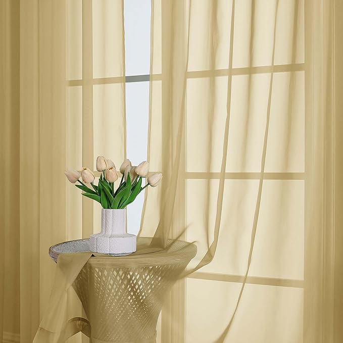 Lecloud Gold Sheer Curtains 63 Inch Length 2 Panels, Rod Pockets Window Treatments Light Filtering Bedroom Curtains for Living Room, Soft Home Drapes for Bathroom, Each Panel 59" W x 63" L