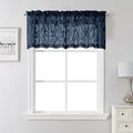 Lecloud Leia Navy Blue Valances for Windows 18 Inch Length 2 Pcs, Dual Rod Pocket Sheer Curtains Kitchen Curtains, Jacquard Leaf Textured Cafe Curtains Drapes for Bathroom, Each Panel 28" W x 18" L