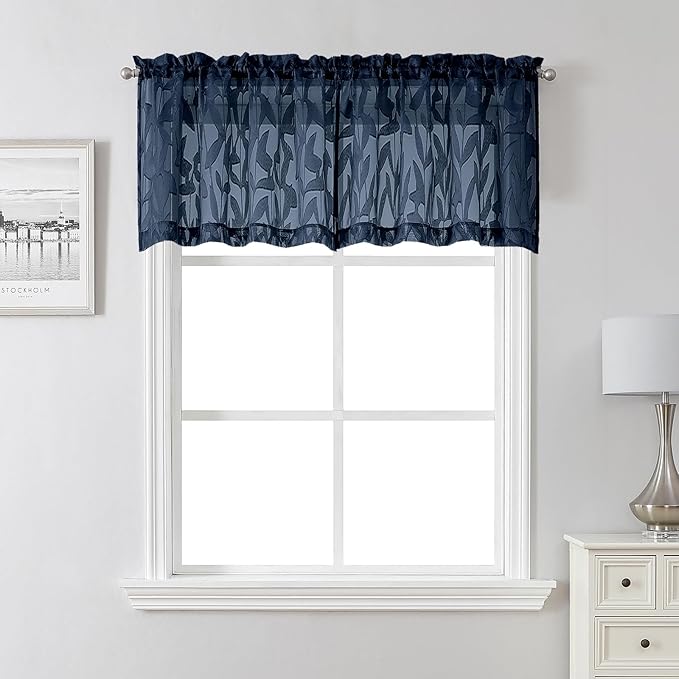 Lecloud Leia Navy Blue Valances for Windows 18 Inch Length 2 Pcs, Dual Rod Pocket Sheer Curtains Kitchen Curtains, Jacquard Leaf Textured Cafe Curtains Drapes for Bathroom, Each Panel 28" W x 18" L