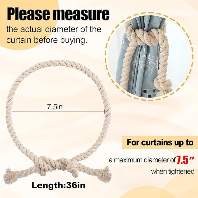 8 Pcs Hand Woven Curtain Tiebacks No Drilling - Boho Drape Holdbacks Rope for Black Blue Light Color Curtains, Decorative Ties for Outdoor Yard Garden Farmhouse Drapery, Beige