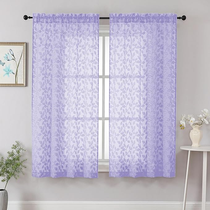 Chyhomenyc Light Purple Sheer Curtains 63 Inch Length 2 Panels Set, Light Filtering Tufted Textured Soft Airy Rod Pocket Cute Leaf Window Treatment Drapes for Bedroom Living Room, 42" Wx63 L, 2PCS