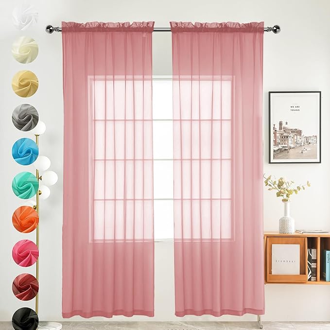 youleyar Solid Sheer Rod Pocket Curtain Voile Draperies 2 Panels White Beige Black Grey Coffee 52 Inch Width 63 Inch Long 1 Pair for Kitchen Bedroom Children Living Room Yard (Blush,52Wｘ63L)