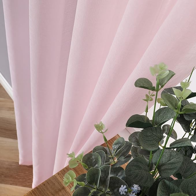Tollpiz Short Sheer Curtains Linen Textured Bedroom Curtain Sheers Light Filtering Rod Pocket Voile Curtains for Living Room, 54 x 45 inches Long, Pink, Set of 2 Panels