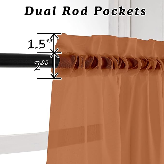 OVZME Orange Sheer Curtains 45 Inches Long 2 Panels, Light Filtering Sheer Curtains for Bedroom, Elegant Airy Draperies for Living Room Nursery Room, Dual Rod Pocket, Each 42Wx 45L