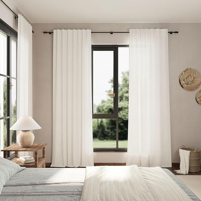 Nanspring Beige White Linen Curtains for Living Room 95 Inches Long Back Tab and Rod Pocket Light Filtering Semi Sheer Curtain Rustic Farmhouse Decor Luxury Drapes for Bedroom Office 52x95, 2 Panels