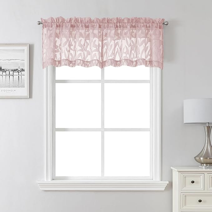 Lecloud Leia Blush Pink Sheer Valances for Windows 16 Inch Length 2 Pcs, Dual Rod Pocket Jacquard Leaf Textured Short Curtains, Kitchen Curtains Drapes for Cafe Bathroom RV, Each Panel 28" W x 16" L