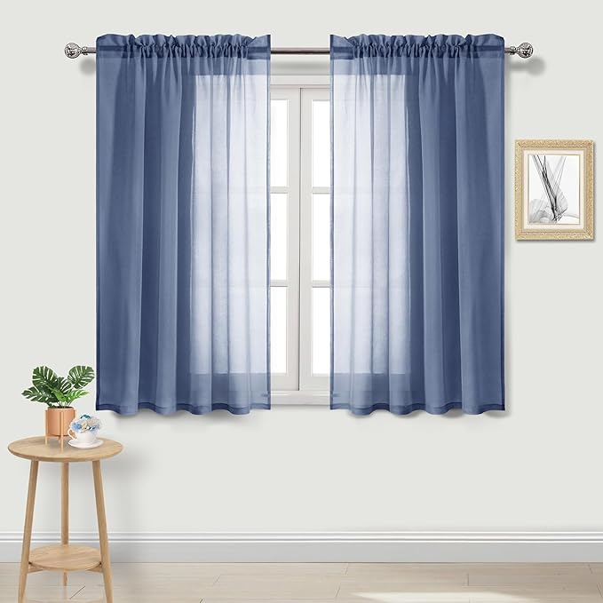 DWCN Sheer Curtains Semi Transparent Voile Rod Pocket Curtains for Bedroom and Living Room, Dusty Blue, 52 x 45 inches Long, Set of 2 Panels