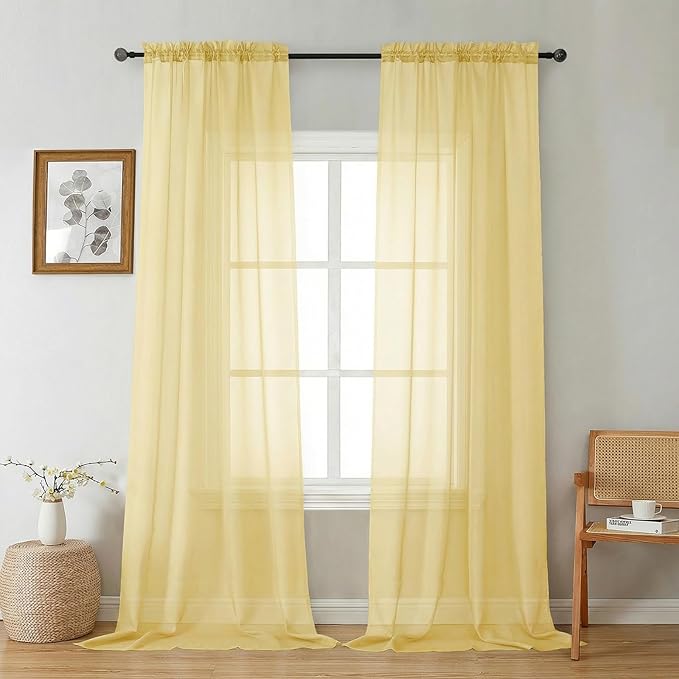 Gwine Sheer Curtains 96 Inches Long - Light Filtering Rod Pocket Window Curtain Panels for Bedroom, Elegant Soft Voile Living Room Sheer Drapes, Each 42Wx96L, 2 Panels, Yellow