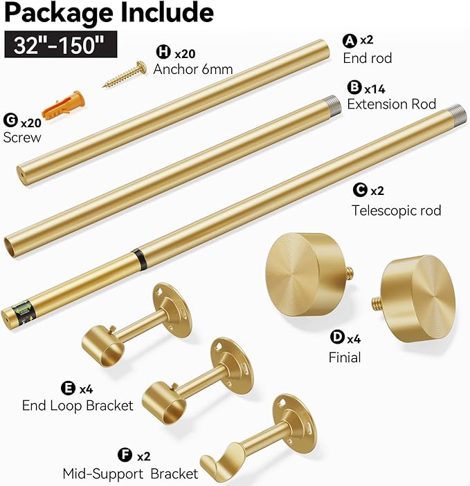 YaFex 2 Pack Heavy Duty Curtain Rods 32-150 Inch, 1 Inch Adjustable Gold Curtain Rod for Windows, Extra Long Window Treatment Rods Set with Aluminium Finials, Modern Design