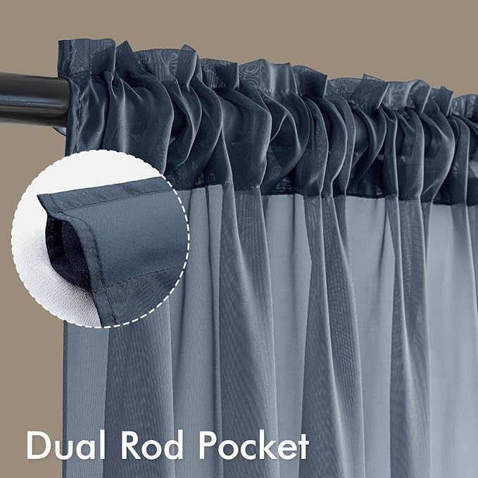 MIULEE Navy Blue Sheer Curtains 90 Inches Long, 4 Panels Set, Light Filtering Rod Pocket Voile Drapes Window Treatments, Semi Transparent Airy Fabric for Bedroom and Living Room, 54 x 90 Inches