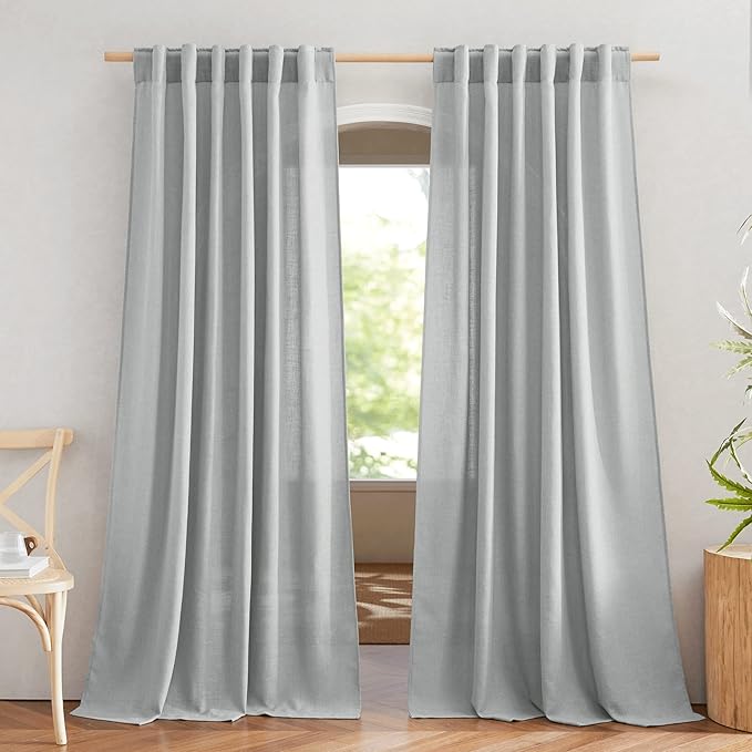 NICETOWN Light Gray Linen Sheer Curtains 108 inches Long, Rod Pocket & Back Tab Flax Linen Weave Semi Sheer Window Treatments Privacy with Light Filtering Drapes for Bedroom, W52 x L108