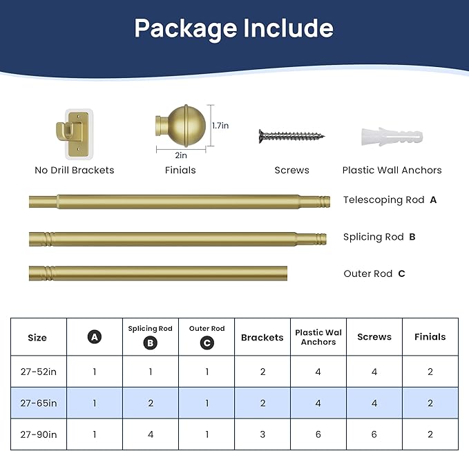 ENJOYBASICS No Drill Curtain Rods for Window 28 to 60 Inches, 5/8 Inch Diameter Renter Friendly Drapery Rod with Adhesive Brackets without Drilling, Adjustable from 27 to 65 Inches, Gold