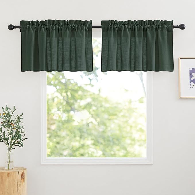 RYB HOME Semi Sheer Valances - Linen Textured Sheer Curtains Small Window Tiers Farmhouse Decor for Kitchen Bathroom Cafe Bedroom, Olive Green, Wide 52 x Long 18 inch, 2 Panels