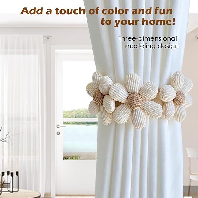 SRG Sunflower Curtain Tiebacks-2 Pack | Daisy Curtain Holdbacks Three Flower | Curtain Tiebacks Boho | Japanese Curtain Ties | Cute Flower Curtain Ties Decorative for Bedroom Window Treatment （Cream）