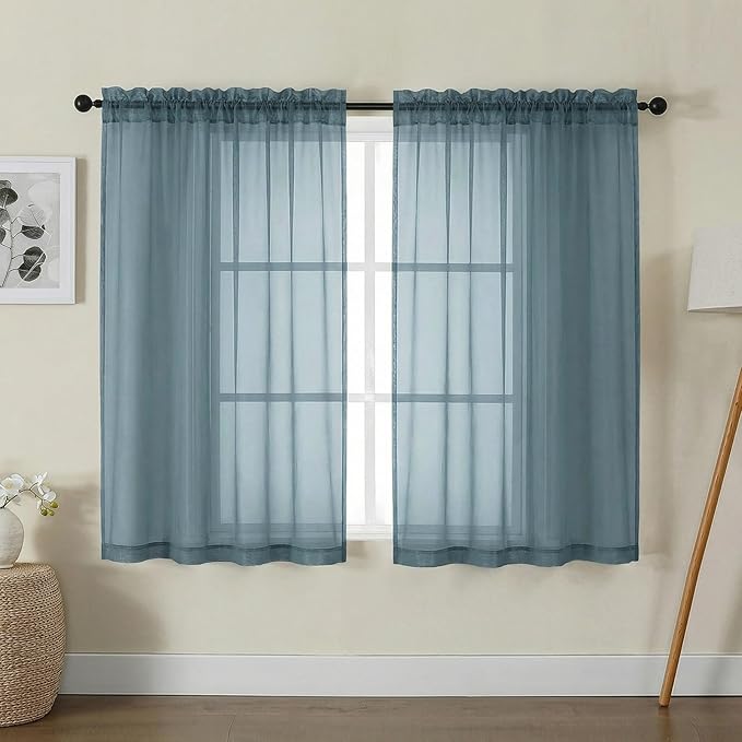 Gwine Sheer Curtains for Living Room 45 inch Length - Light Filtering Voile Window Curtain Panels for Bedroom, Soft Rod Pocket Sheer Curtain Drapes, Each 42Wx45L, 2 Panels, Dusty Blue
