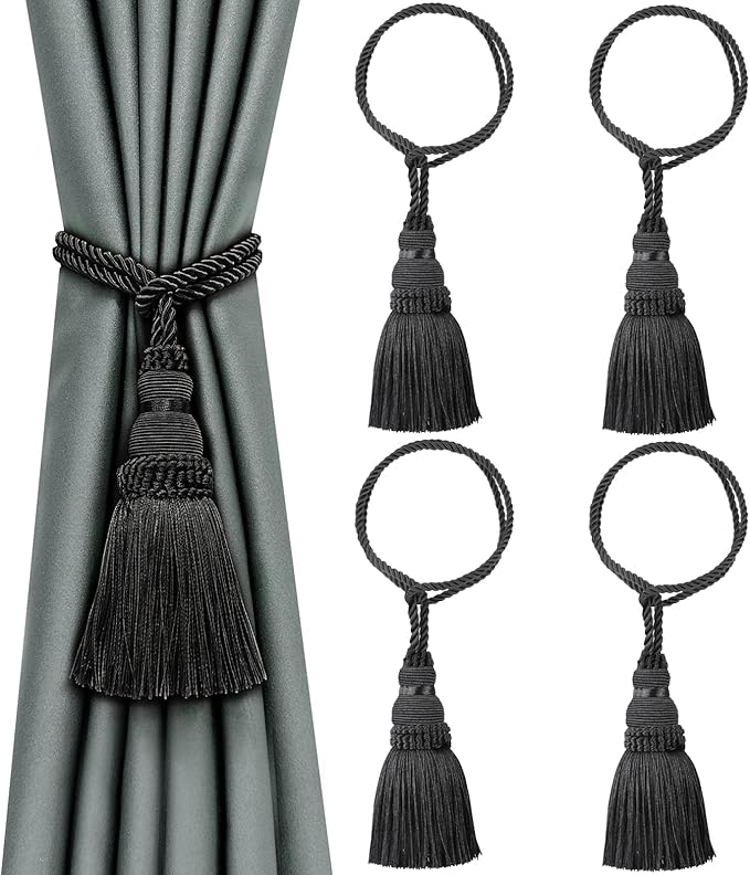 Fenghuangwu 4 Pack Curtain Tie Backs Rope Tassels for Curtains Drape tiebacks Handmade Outdoor Home and Outdoor Decorative (Black, 4p)