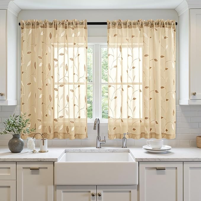 MIULEE Khaki Sheer Curtains 2 Panels Embroidered Leaf Patterned Rod Pocket Floral Semi Sheer Faux Linen Short Window Curtains Drapes Set for Kitchen Living Room Bedroom, 52x54 Inches Length