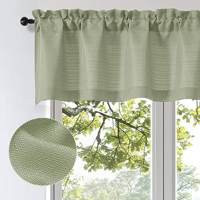 OWENIE Bob 1 PCS Light Green Valances for Windows, Faux Linen Textured Kitchen Window Curtains Valance for Bedroom Living Room, Modern Soft Airy Solid Rod Pocket Bathroom Cafe Curtain, 60Wx18L Inch