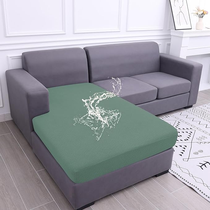 hyha Waterproof Sectional Couch Covers, Non Slip Sofa Couch Cushion Covers L Shape, Thick Stretch Jacquard Fabric, Washable Sofa Slipcovers with Elastic Bottom (1 Piece for Chaise XL, Green)