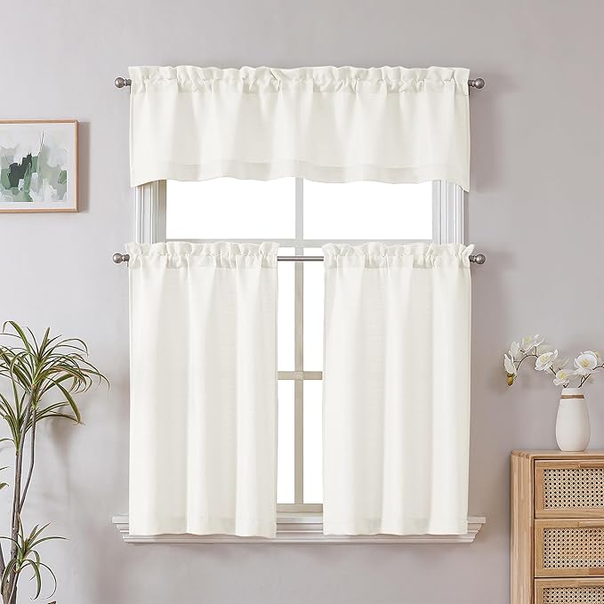 Chyhomenyc Cream Valance for Windows, Light Filtering Faux Linen Solid Short Curtain Valance, Burlap Decorative Small Curtain for Kitchen Bathroom Laundry Basement, 60Wx12L inch, 1 Piece