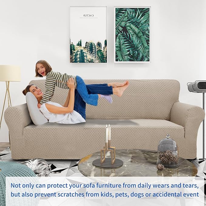 ZNSAYOTX 1 Piece Jacquard Couch Covers for 2 Cushion Couch High Stretch Loveseat Slipcover for Pets Dogs Anti Slip Love Seat Sofa Slipcover Furniture Protector (Loveseat, Khaki)
