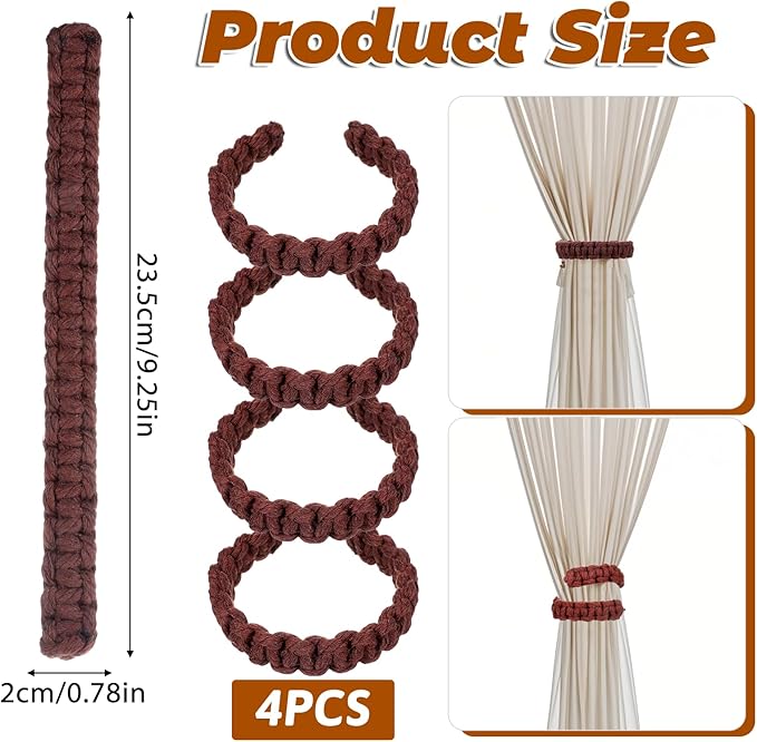 Ptwola 4 Pack Braided Curtain Tiebacks Boho Elegant Rustic Curtain Holdbacks Tie Backs Holders Set Simple Light Weight Drapes Decorative Accessories Handmade for Home Office Bedroom Window