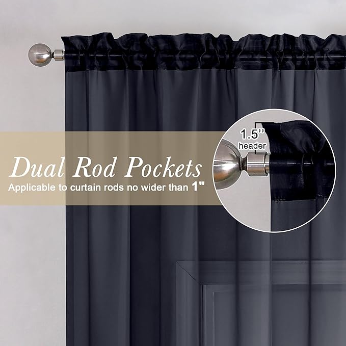 Lecloud Black Sheer Curtains 84 Inches Long 2 Panels, Solid Voile Light Filtering Airy Window Treatments for Living Room Bedroom, Lightweight Breathable Drapes with Dual Rod Pocket, 40" W x 84" L