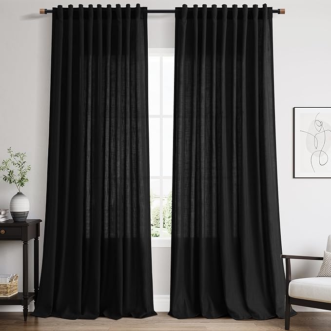Nanspring 96 inch Linen Curtains for Bedroom Living Room Light Filtering Privacy Black Simple Modern Curtains Back Tab and Rod Pocket Curtain for Office/Dinner Room 70x96,2 Panel