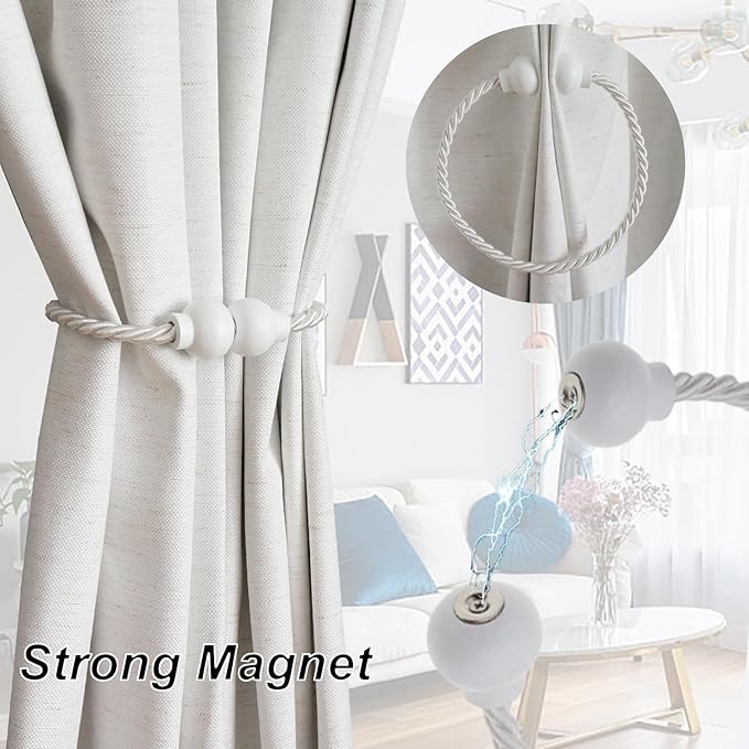 4 Pack Magnetic Curtain Tiebacks Modern Handmade Rope Curtain Tie Backs Decorative Drapes Weave Holdbacks for Home Outdoor Bedroom Office Decorative Curtain, White