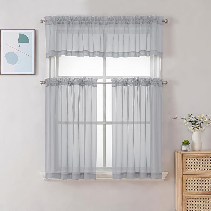 Gwine Light Grey Sheer Curtains 30 Inch Length, Short Light Filtering Voile Small Cafe Kitchen Curtains with Rod Pocket, Short Curtain for Bathroom Window, 42x30 Inch, 2PCS