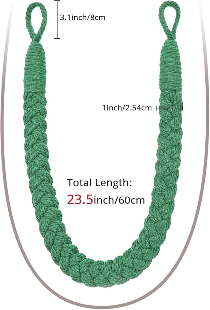 NICEEC 2 Pack Natural Cotton Rope Curtain Tiebacks Elegant Boho Style Decorative Drape Tie Backs Soft Hand-Woven Rope Curtain Holdbacks with Metal Hook for Home & Office Drapery (Green)