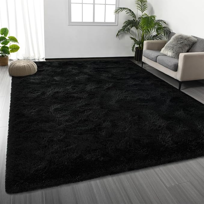 Deerhoo Large Shag Area Rugs 6 x 9, Plush Fuzzy Rugs for Living Room, Ultra Soft Fluffy Furry Rug for Bedroom, Indoor Carpet Nursery Rugs for Kids Room Home Decor, Black