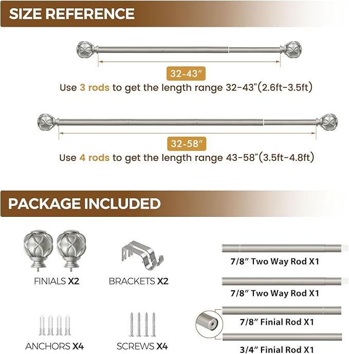 KAMANINA Curtain Rods for Windows, Antique Silver Curtain Rod 32 to 58 Inch(2.6-4.8Ft), 7/8 Inch Single Adjustable Drapery Rods with Decorative Netted Texture End