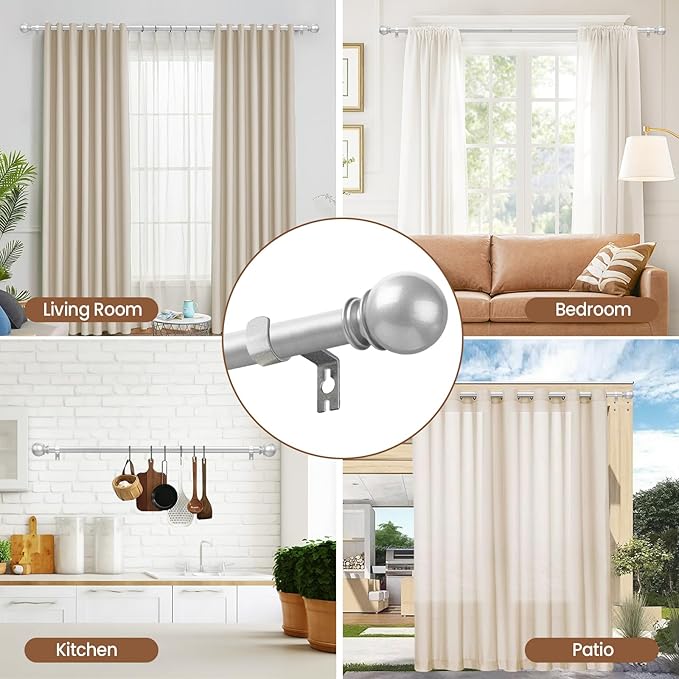 Silver Curtain Rod for Windows 28 to 48 Inch, 5/8 Inch Diameter Adjustable Curtain Rods With Brackets, Heavy Duty Easy to Install Curtain Rods for Bedroom, Outdoor Curtain Rod for Patio