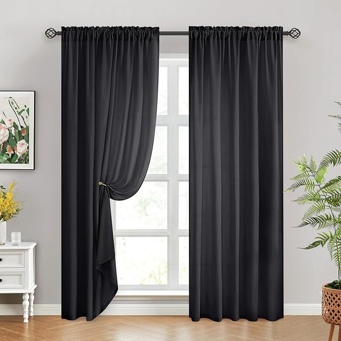 HOMEIDEAS Halloween Non-See-Through Black Privacy Sheer Curtains, 52 X 96 Inches Long 2 Panels Sheer Curtains Light Filtering Window Drapes for Bedroom Living Room