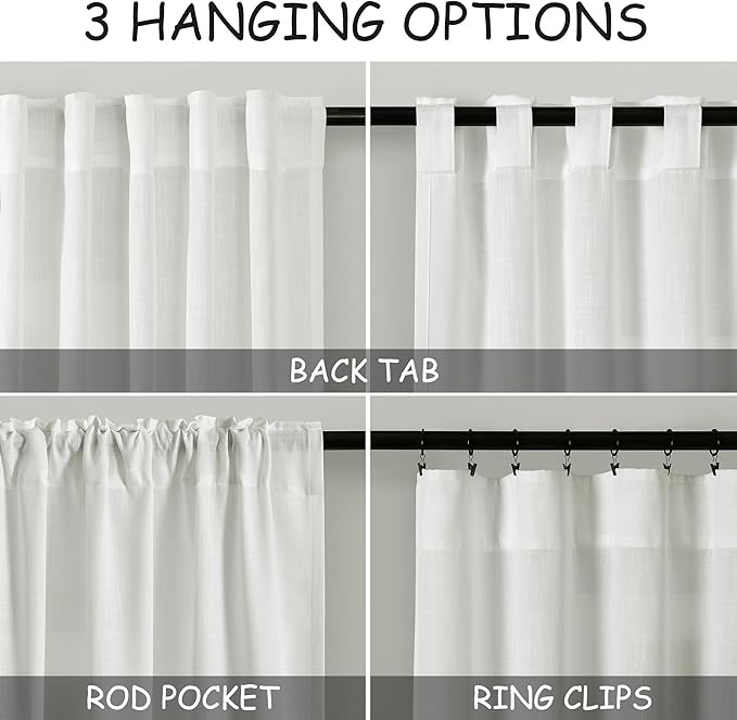 Nanspring Ivory Linen Curtains 63 Inches Length 2 Panels Set for Living Room Back Tab Pocket Natural Light Filtering Privacy Semi Sheer Drapes Cotton Linen Textured Window Curtain 52X63 Inches