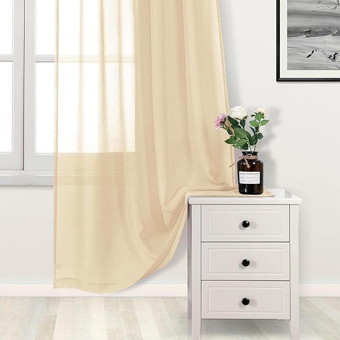 DWCN Beige Sheer Curtains Semi Transparent Voile Rod Pocket Curtains for Bedroom and Living Room, 60 x 63 inches Long, Set of 2 Panels