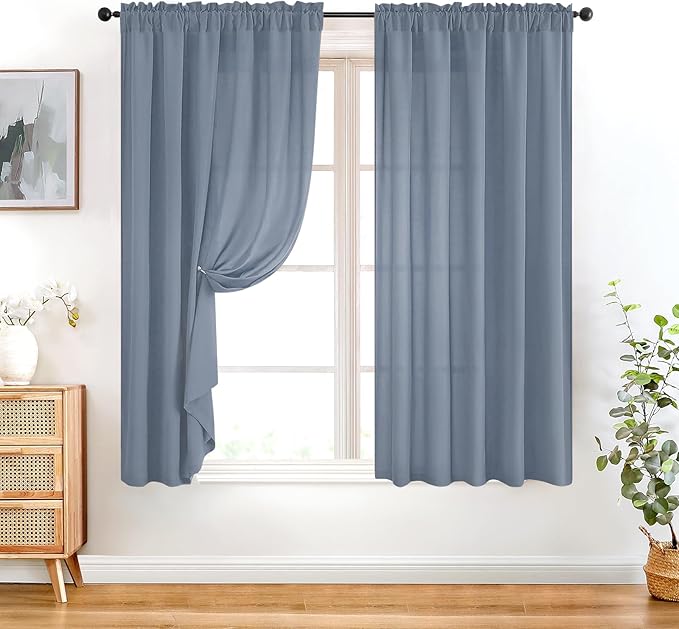 HOMEIDEAS Non-See-Through Stone Blue Privacy Sheer Curtains, 52 X 63 Inches Long 2 Panels Sheer Curtains Light Filtering Window Drapes for Bedroom Living Room