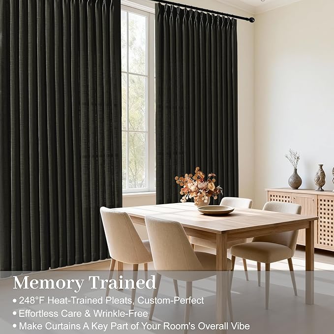 IVAPUPU Black Pinch Pleated 84 Inch Curtains for Living Room, Airy Privacy Semi Sheer Curtain with Pleated Hooks Rings Linen Blend Memory Trained Back Tab Drapes for Bedroom Office, 2 Panels, W40xL84