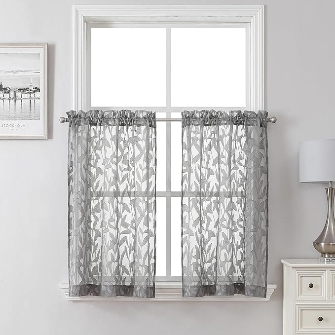 Lecloud Leia Charcoal Grey Sheer Kitchen Curtains 36 Inch Length 2 Panels, Jacquard Leaf Textured Voile Short Curtains, Dual Rod Pocket Semi Sheer Tiers for Bathroom Bedroom Living Room, 28" W x 36" L